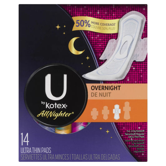 U BY KOTEX OVERNIGHT HYGIENE PADS WITH WINGS, 8 X 14 UN