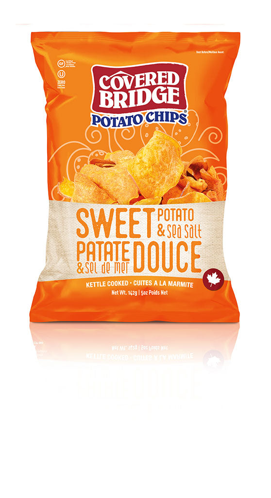 COVERED BRIDGE, SWEET POTATO & SEA SALT CHIPS, 12 x 142G
