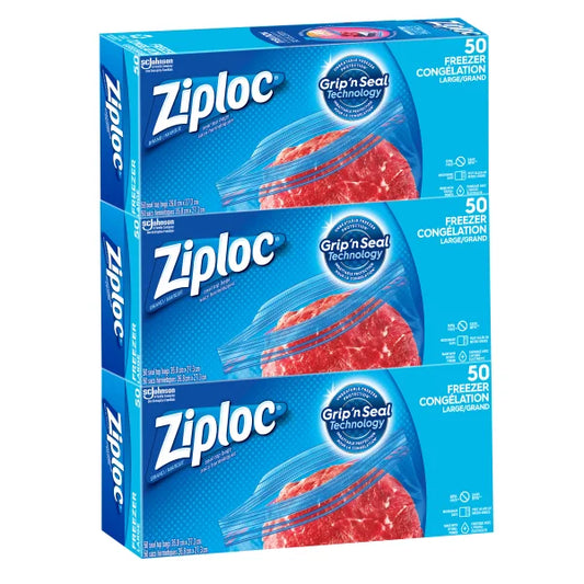 ZIPLOC EASY OPEN FREEZER BAGS LARGE, 3 PACKS OF 50