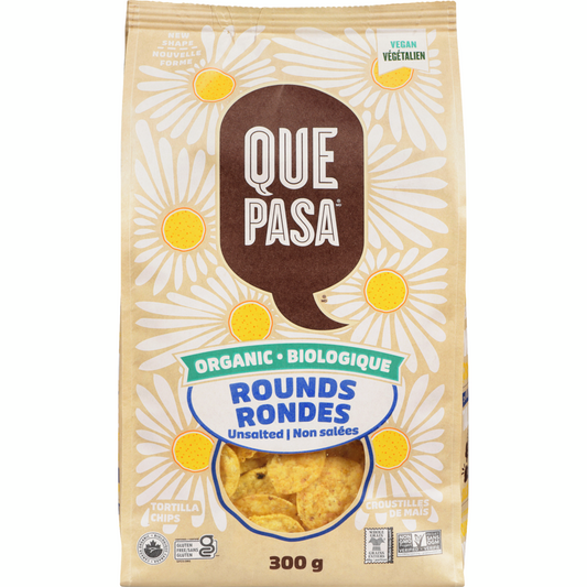 QUE PASA, UNSALTED ROUND TORTILLA CHIPS, 12 x 300G