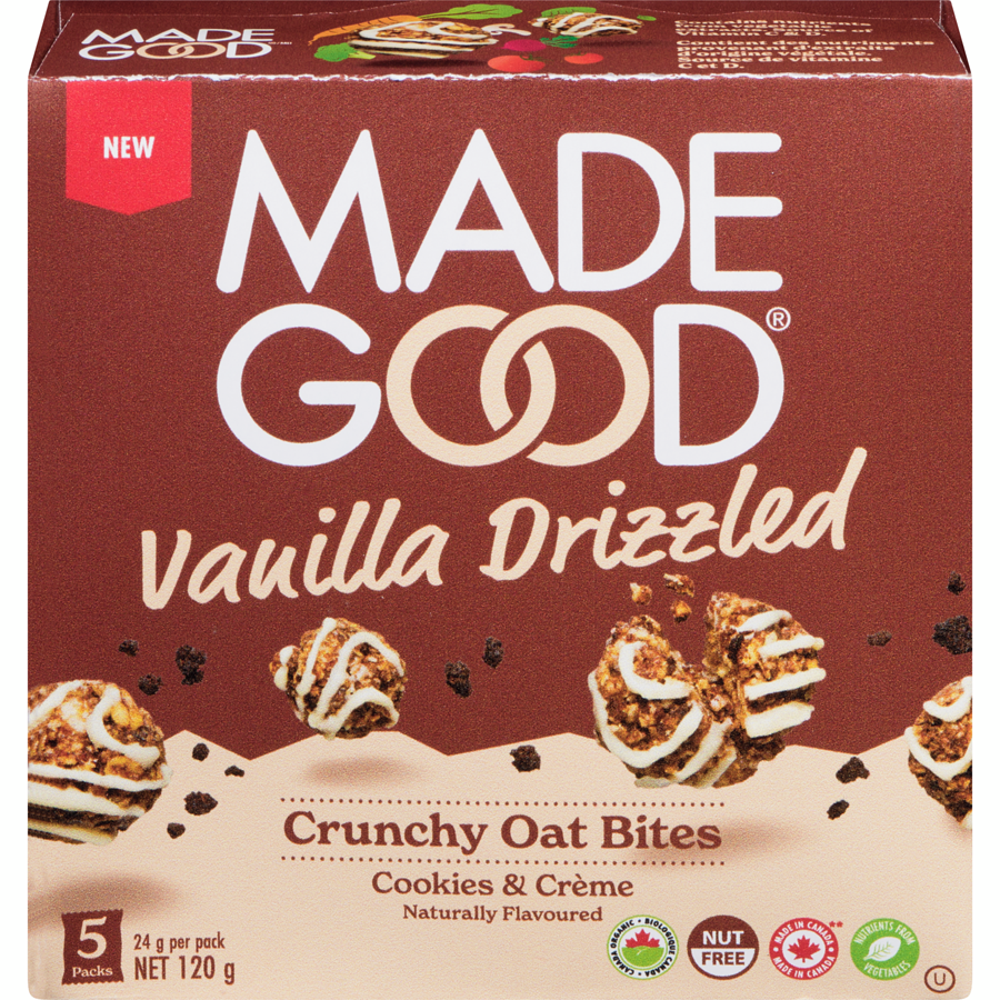 MADE GOOD, VANILLA DRIZZLED COOKIE&CREME OAT BITES, 6 x 5X24G
