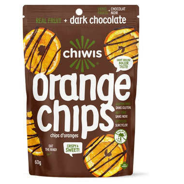 CHIWIS, DARK CHOCOLATE DRIZZLED ORANGE CHIPS, 12 x 60G