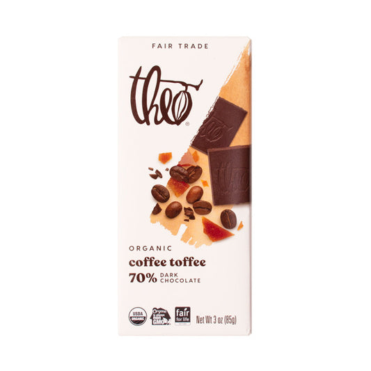 THEO, COFFEE TOFFEE 70% DARK CHOCOLATE BAR, 12 x 85G