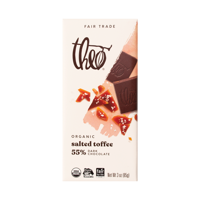 THEO, SALTED TOFFEE 55% DARK, 12 x 85G