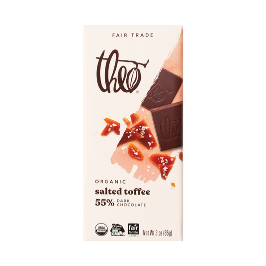 THEO, SALTED TOFFEE 55% DARK, 12 x 85G