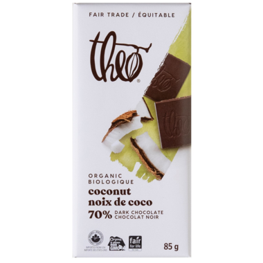 THEO, COCONUT 70% DARK CHOCOLATE OR, 12 x 85 G