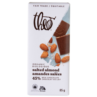 THEO, SALTED ALMOND 45% MILK CHOCOLATE OR, 12 x 85 G