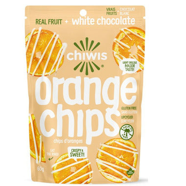 CHIWIS, WHITE CHOCOLATE DRIZZLED ORANGE CHIPS, 12 x 60G