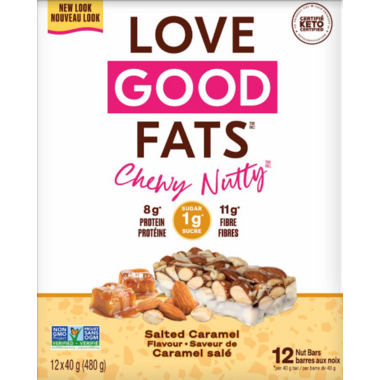 LOVE GOOD FATS, CHEWY-NUTTY SALTED CARAMEL FLAVOUR BAR, 12 x 40G