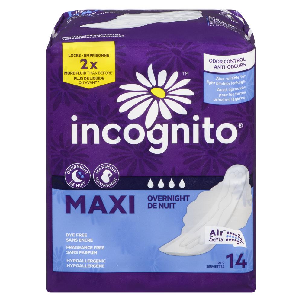 INCOGNITO OVERNIGHT MAXI PADS WITH WINGS, 12 X 14 UN