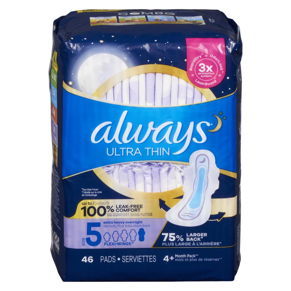 ALWAYS PADS ULTRA THIN EXTRA HEAVY OVERNIGHT, 2 X 46 UN