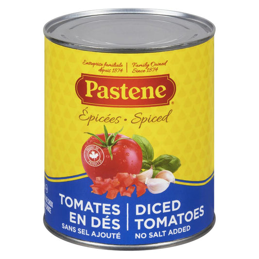 PASTENE DICED AND SPICED TOMATOES, 24 X 796 ML