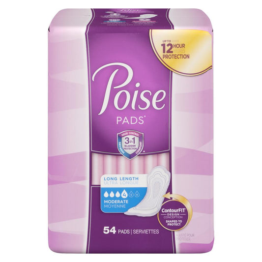 POISE MODERATE ABSORBENCY LONG INCONTINENCE PADS, 2 X 54 UN