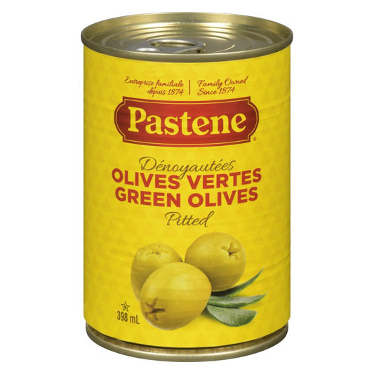 PASTENE PITTED GREEN OLIVES, 24 X 398 ML