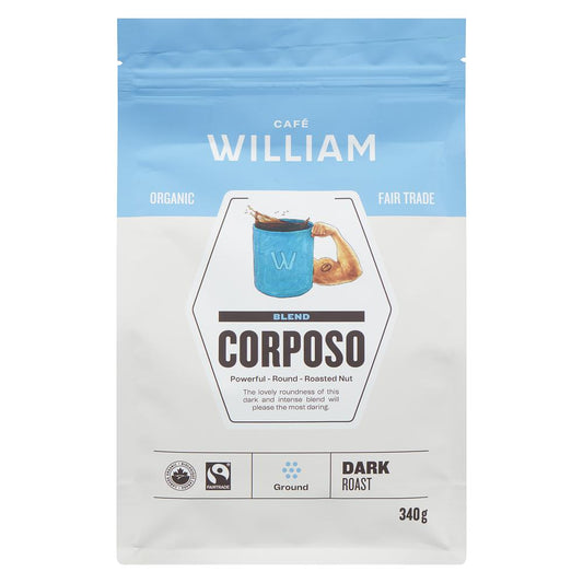 CAFE WILLIAM CORPOSO GROUND ORGANIC COFFEE, 6 X 340 G