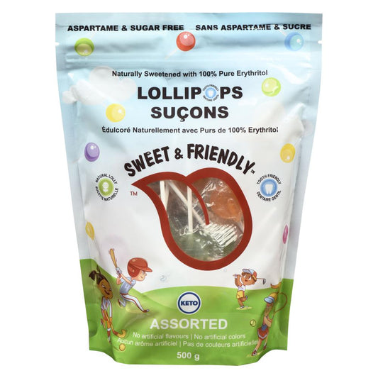SWEET&FRIENDLY, LOLLIPOPS -500G ASSORTED - ERYTHRITOL, 6 x 500G