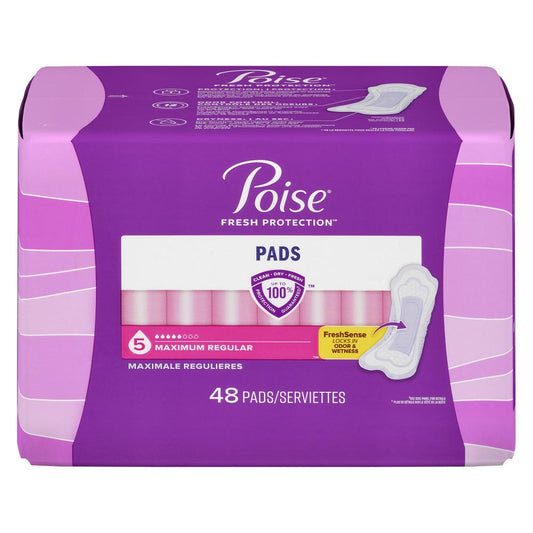 POISE MAXIMUM ABSORBENCY LONG ORDINARY PADS, 2 X 48 UN
