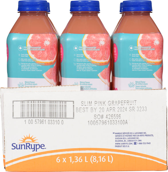 SUNRYPE SLIM PINK GRAPEFRUIT DRINK, 6 X 1.36 L