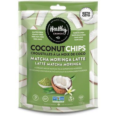 HEALTHY CRUNCH, MATCHA MORINGA LATTE COCONUT CHIPS, 6 x 100G