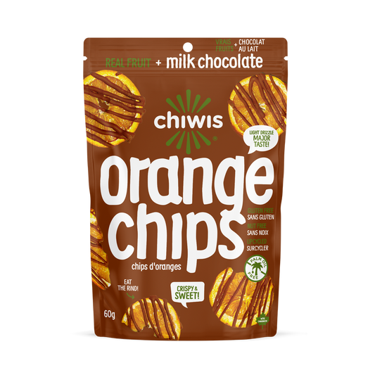 CHIWIS, MILK CHOCOLATE DRIZZLED ORANGE CHIPS, 12 x 60G