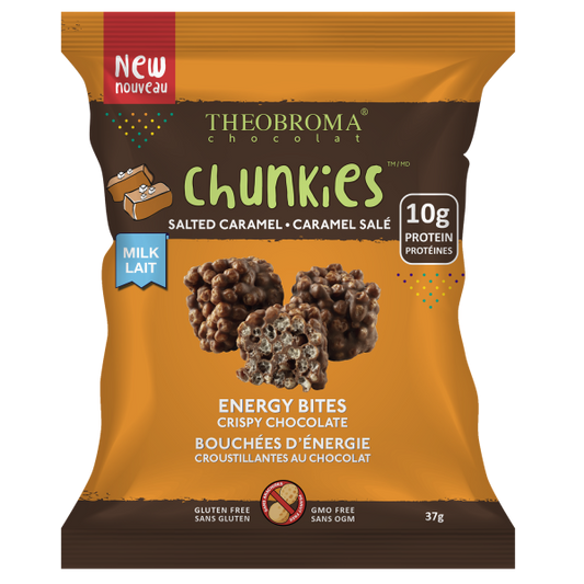THEOBROMA CHOCO, 38% MILK CHOC SALTED CARAMEL CHUNKIES, 12 x 37G