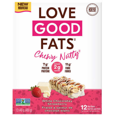LOVE GOOD FATS, CHEWY NUTTY WHITE CHOC STRAWBERRY 12PK, 12 x 40G