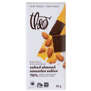 THEO, SALTED ALMOND 70% DARK CHOCOLATE OR, 12 x 85 G
