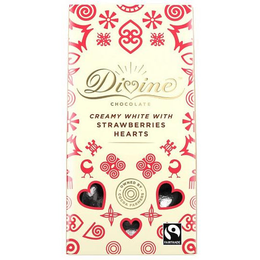 DIVINE CHOCOLAT, WHITE CHOCOLATE W STRAWBERRIES HEARTS, 12 x 80G