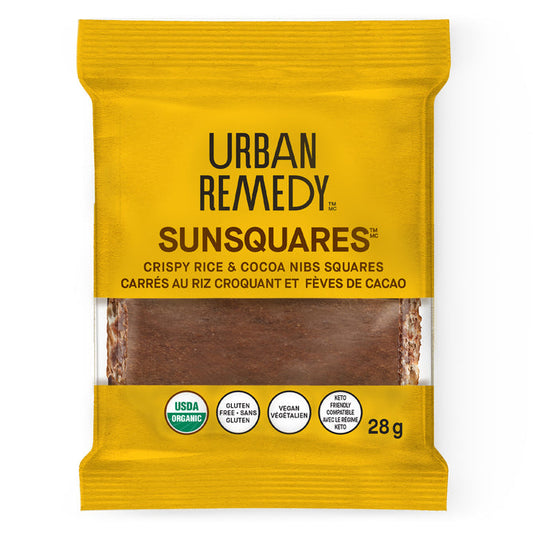 URBAN REMEDY, CRISPY RICE & COCOA NIBS SQUARES, 8 x 28G