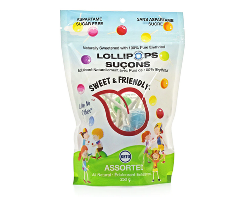 SWEET&FRIENDLY, LOLLIPOPS -250G ASSORTED - ERYTHRITOL, 10 x 250G
