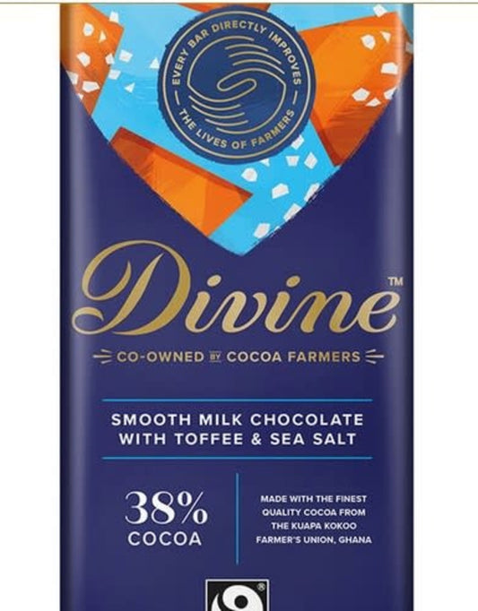 DIVINE CHOCOLAT, MILK CHOCTOFFEE & SEA SALT 38% CCOCOA, 12 x 85G