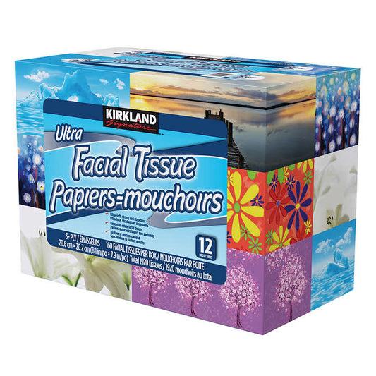 KIRKLAND SIGNATURE ULTRA FACIAL TISSUES 3 PLY 160S, BOX OF 12