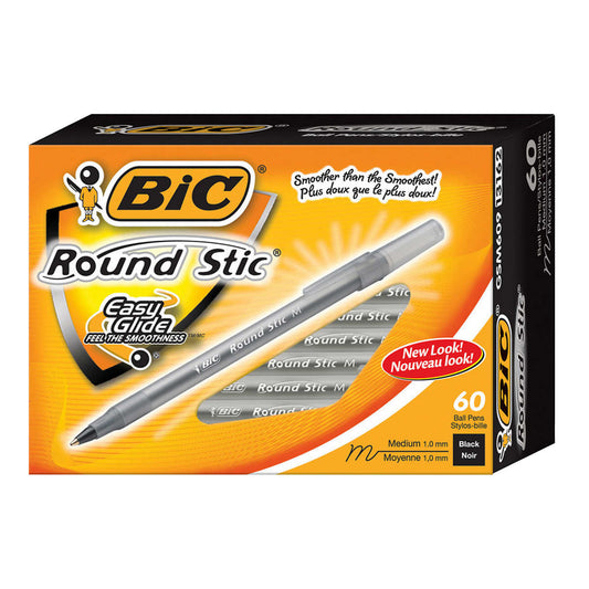 BIC, ROUND STIC 1.0 MM MEDIUM-POINT BLACK BALLPOINT PENS, 60 UNITS