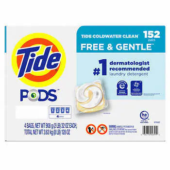 TIDE PODS LIQUID LAUNDRY DETERGENT PODS FREE & GENTLE, PACK OF 152