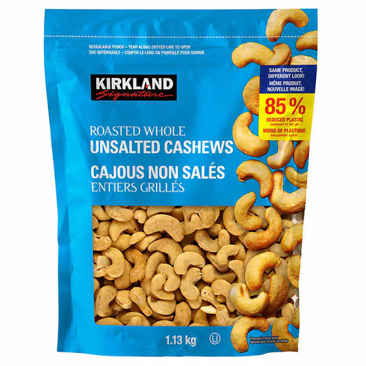KIRKLAND SIGNATURE UNSALTED WHOLE CASHEWS, 1.13KG