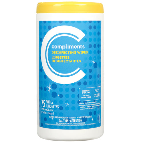 COMPLIMENTS LEMON SCENTED DISINFECTING WIPES, 6 X 75 UN