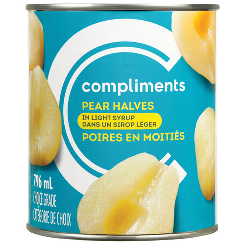 COMPLIMENTS PEARS HALVES IN LIGHT SYRUP, 12 X 796 ML