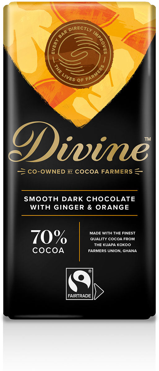 DIVINE CHOCOLAT, 70% DARK CHOCOLATE WITH GINGER & ORANGE, 12 x 85G